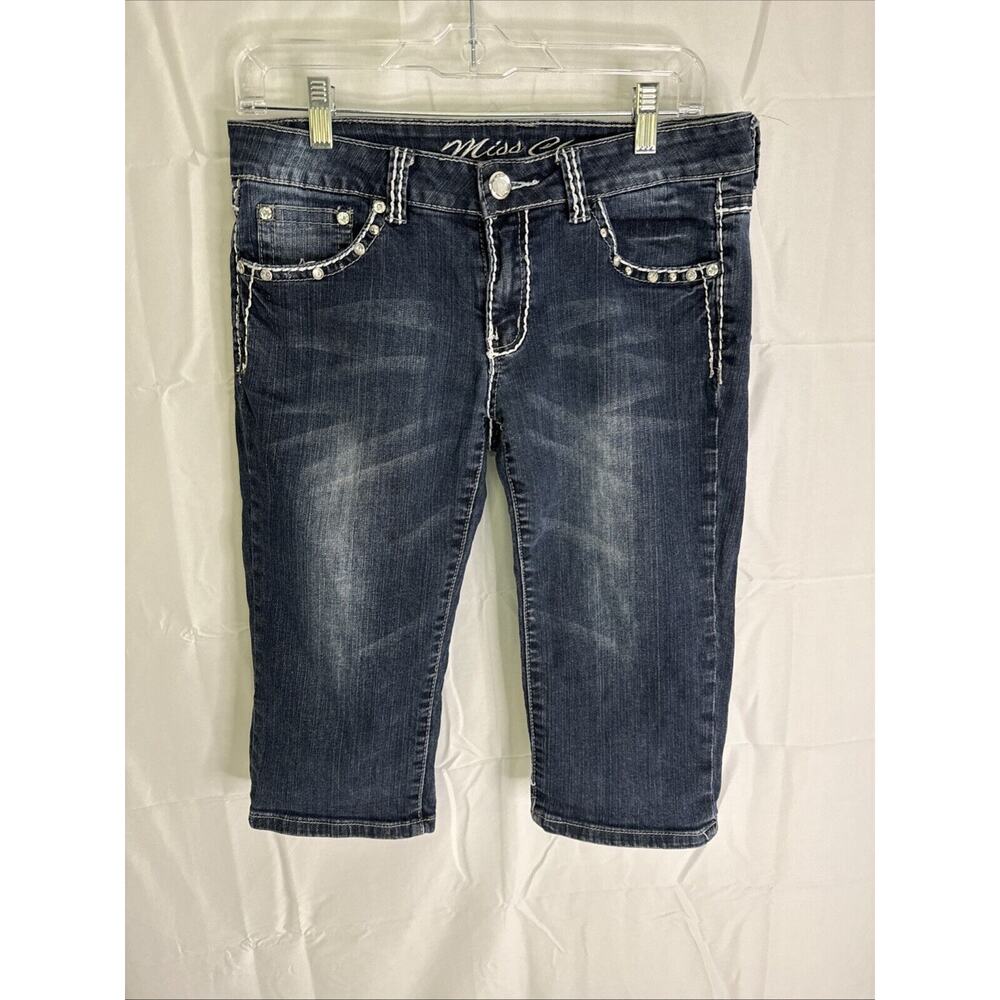 Miss Chic Women's Blue Jeans 9 Junior Denim Stretch Crop Capri Flap Pocket Studs